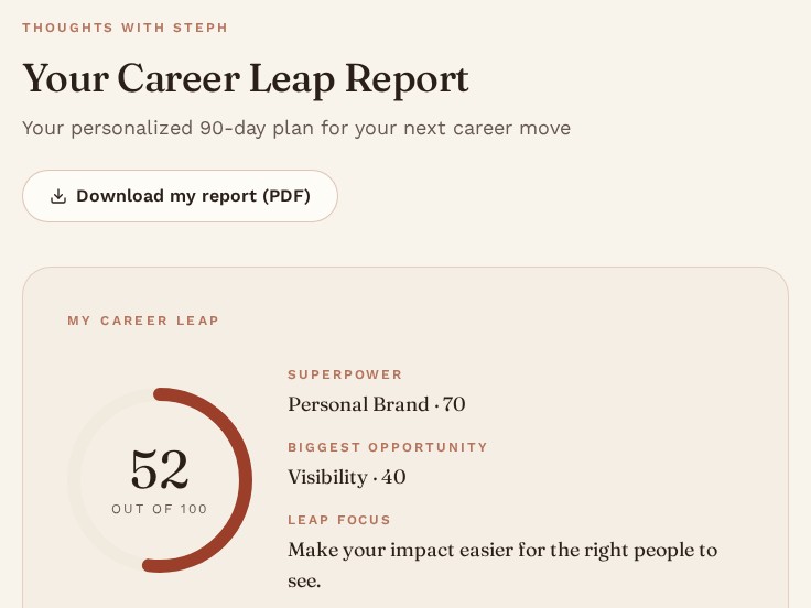 Screenshot of a Career Leap Report showing an overall score, Superpower, Biggest Opportunity, and Leap Focus